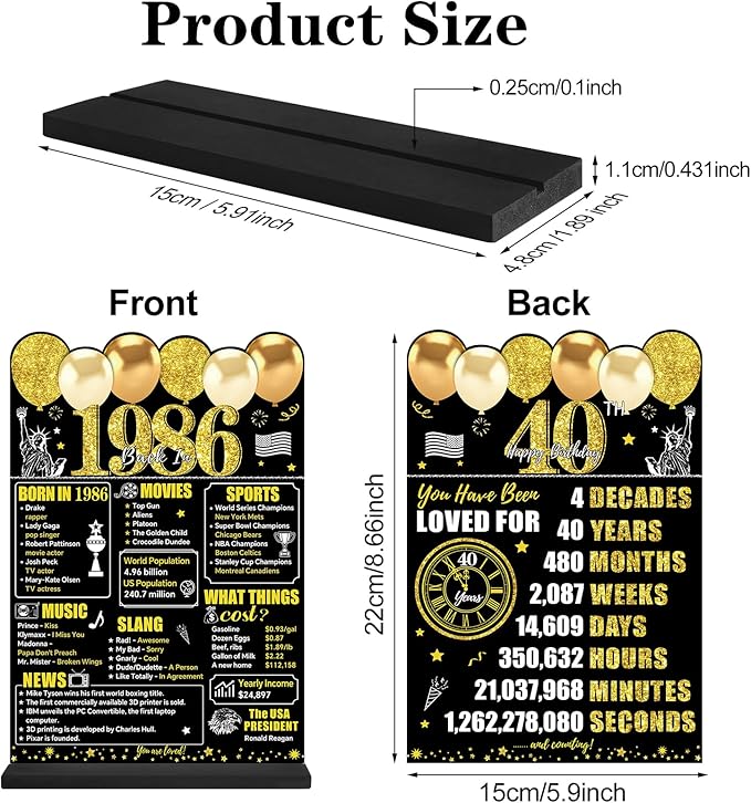 Black Gold 40th Birthday Decorations Gifts for Men Women, Two-Sided Vintage 40 Back in 1986 Theme Poster Wooden Table Sign with Stand, Forty Years Old Bday Centerpieces Holder for Table Decor