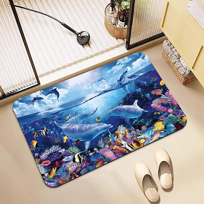 Bathroom Rugs Non Slip Quick Dry Bath mat Rubber Bathroom mat, Super Absorbent Bath mat, Washable Bathroom mat Bath Rugs, Shower Mat Bath Mats for Bath Floor, 15.7x23.6in, Dolphin