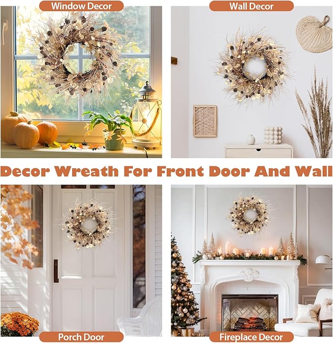 Fall Wreath for Front Door 24 Inch Fall Door Wreaths, Large Autumn Wreath with Berry Pinecones and Raffia, Grapevine Decor for Door Wall Window Home and Halloween Christmas Thanksgiving Decoration
