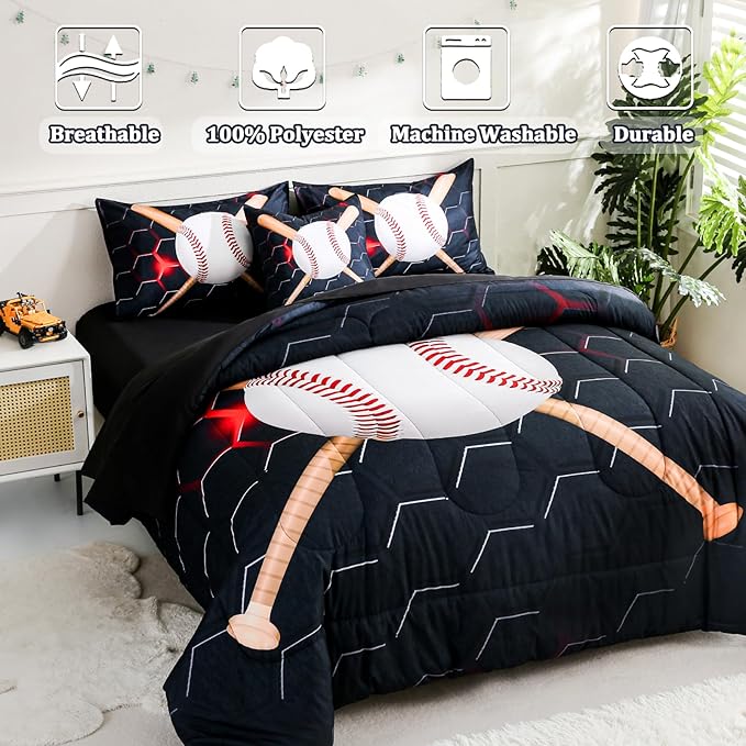 6pcs Baseball Twin Bedding Sets for Boys,Sports Black Twin Size Comforter Set with Sheets for Boys Kids Teens