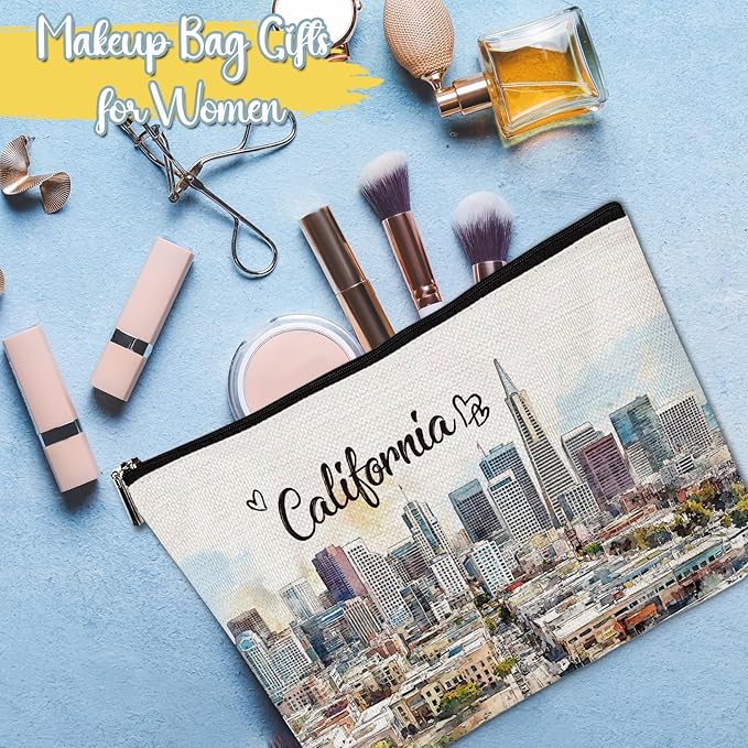 California Travel Gift Souvenirs - California Travel Essentials Makeup Bag, California City Travel Watercolor Cosmetic Bags, California Theme Gifts for California Lovers Women Girls