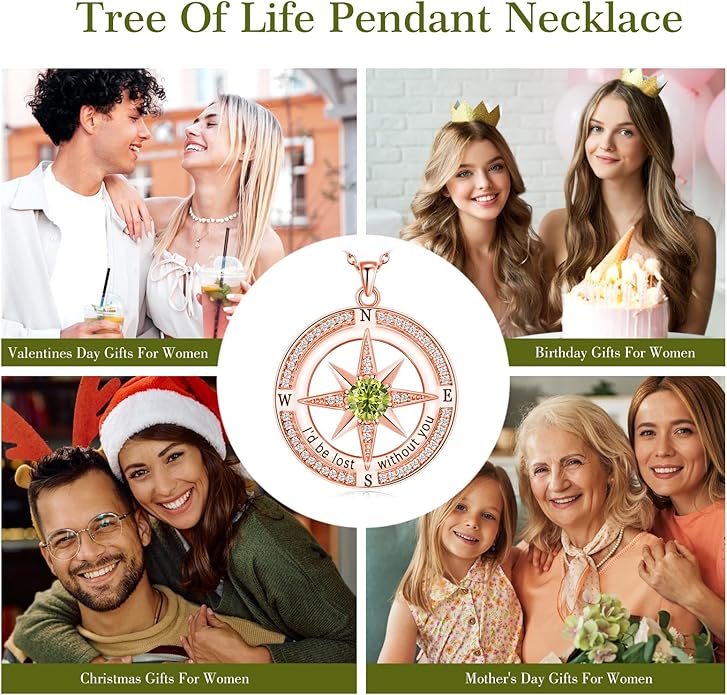 S925 Necklace Birthstone Compass Gift for Women Jewelry Sterling Silver Necklace for Wife Wedding Anniversary Girlfriend Birthday Gifts for Her Valentines Day Mom Mothers Day