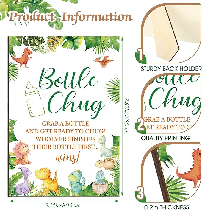 TrelaCo Dinosaur Cool Baby Shower Games Bottle Chug Sign Wooden Green Leaf Gift Sets Gender Reveal Party Supplies and 12 Pcs Baby Bottle Shower Favor for Game Gender Reveal