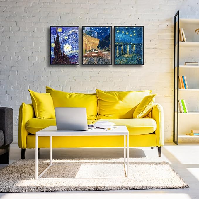 Wieco Art Framed 3 Panels Canvas Prints of Vincent Van Gogh Paintings Reproduction Starry Night Over the Rhone Cafe Terrace at Night Canvas Wall Art for Home Office Decor