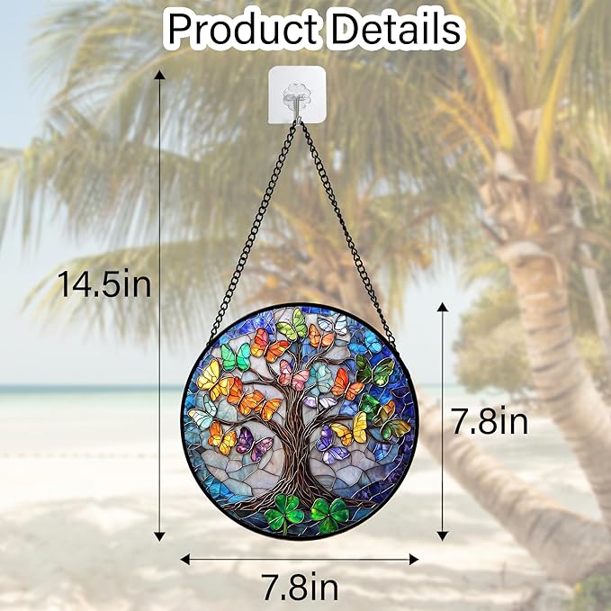 Stained Glass Window Hanging, Butterfly Tree Clover Sun Catchers Glass Panel Blue Suncatcher Decor for Birthday for Women, Men, Wife, Aunt, and Mom 7.8 in