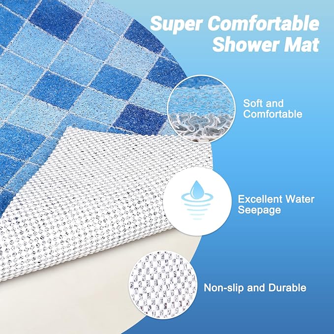 Shower Mat Non-Slip, Soft Comfort Bath Mat with Drainage Holes, PVC Loofah Massage Bathmat for Shower, Bathroom, Wet Areas, Quick Drying