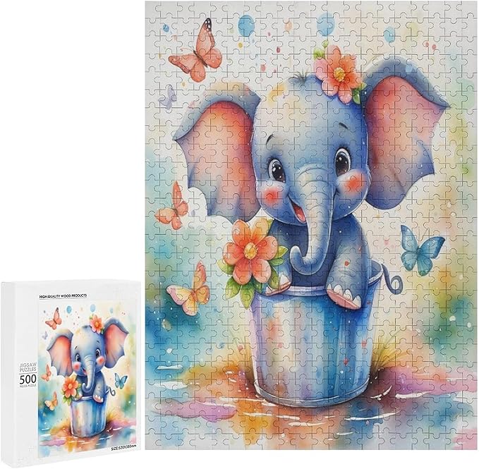 Wooden Puzzles 500 Piece，Colorful Happy Elephant Themed Jigsaw Puzzles，Educational Games，Family Puzzles，Unique Gifts for Wall Art，Funny Puzzles，Stress Relief Games，Puzzle Games