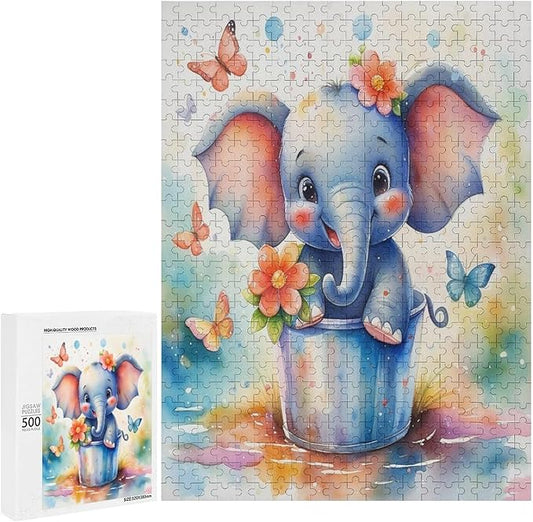 Wooden Puzzles 500 Piece，Colorful Happy Elephant Themed Jigsaw Puzzles，Educational Games，Family Puzzles，Unique Gifts for Wall Art，Funny Puzzles，Stress Relief Games，Puzzle Games