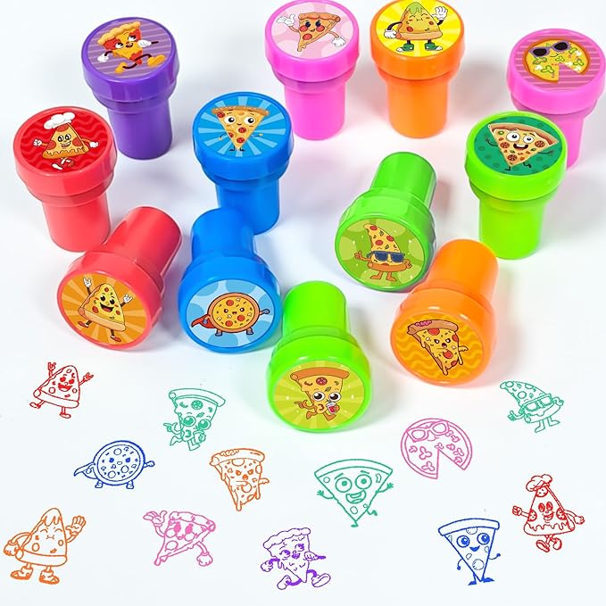 Cinrobiye 24 Pcs Pizza Party Stampers for Boys Girls,Pizza Birthday Favors, Food Themed Party Goodie Bag Fillers, Classroom Rewards, Carnival Prizes, Pinata Stuffers for BBQ Party Favors Gifts