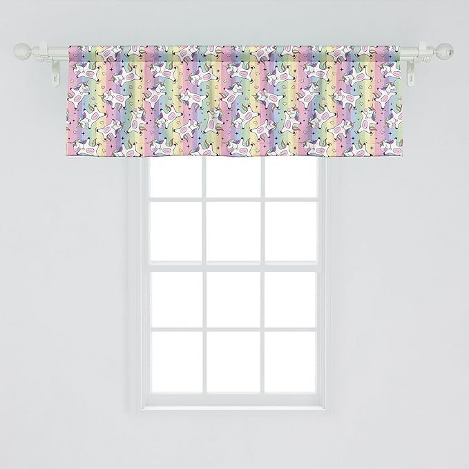 Ambesonne Rainbow Window Valance, Cartoon Drawing of Unicorn Ice Skating, Curtain Valance for Kitchen Bedroom Decor with Rod Pocket, 42" x 18", Pastel Purple