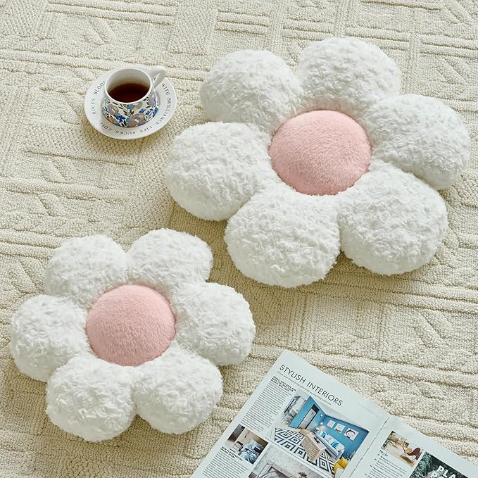 Flower Pillows, Decorative Throw Pillow with Soft Plush for Couch, Flower Shaped Pillow Home Decor Daisy Pillow for Bed (White, 19.6 Inches)