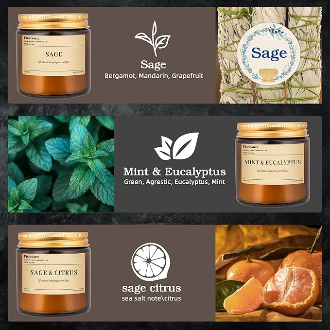 9 Pack Soy Candles for Home Scented |（Sage/Mint & Eucalyptus/Sage & Citrus） Long-Lasting 270 Hours, Natural Scented Candles Gift for Women & Men, Birthday, Mother’s Day, Valentine's Day Gift