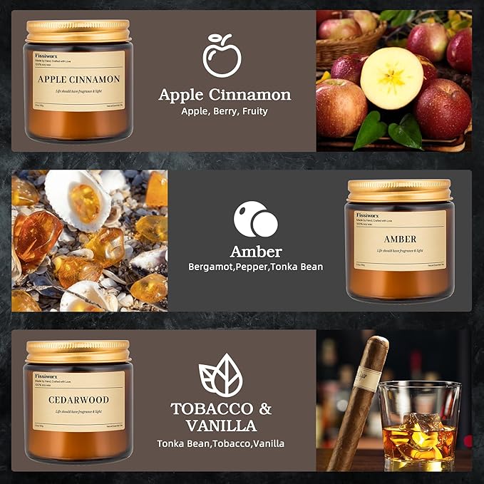 9 Pack Soy Candles for Home Scented |（Apple Cinnamon/Amber/Vanilla） Long-Lasting 270 Hours, Natural Scented Candles Gift for Women & Men, Birthday, Mother’s Day, Christmas, Thanksgiving