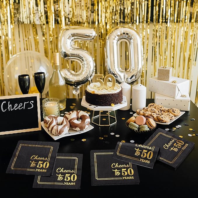 50th Birthday Cocktail Party Napkins-50PCS 13 * 13 inches Cheers to Years Disposable Paper Napkins for Birthday Wedding Anniversary Decorations Party Props Supplies Black and Gold (50th)