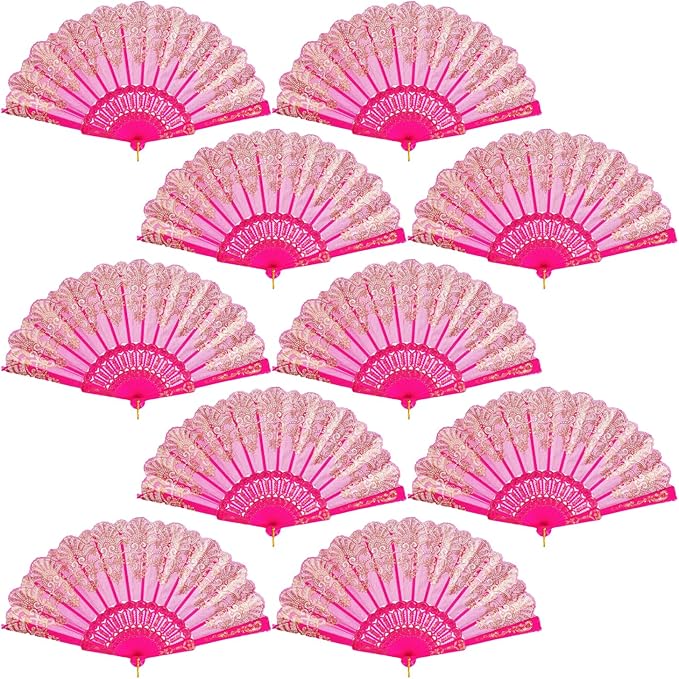 QIRMIZI 10 Pack Folding Handheld Fans,Silk Spanish Fan, Perfect for Weddings, Parties, and Dancing,Deeppink