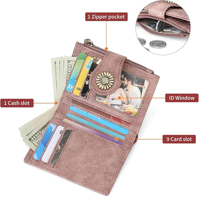 SENDEFN Small Wallets for Women Bifold RFID Blocking Leather Card Holder Compact Wallet with Zipper Coin Pocket