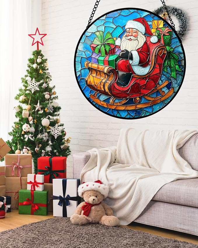 Stained Glass Window Hanging - Red Santa Claus Gift Box Suncatcher for Doors Home Christmas Decoration Winter Sun Catcher Thanksgiving New Year Birthday Gift for Women Men Mom Nana 15 in