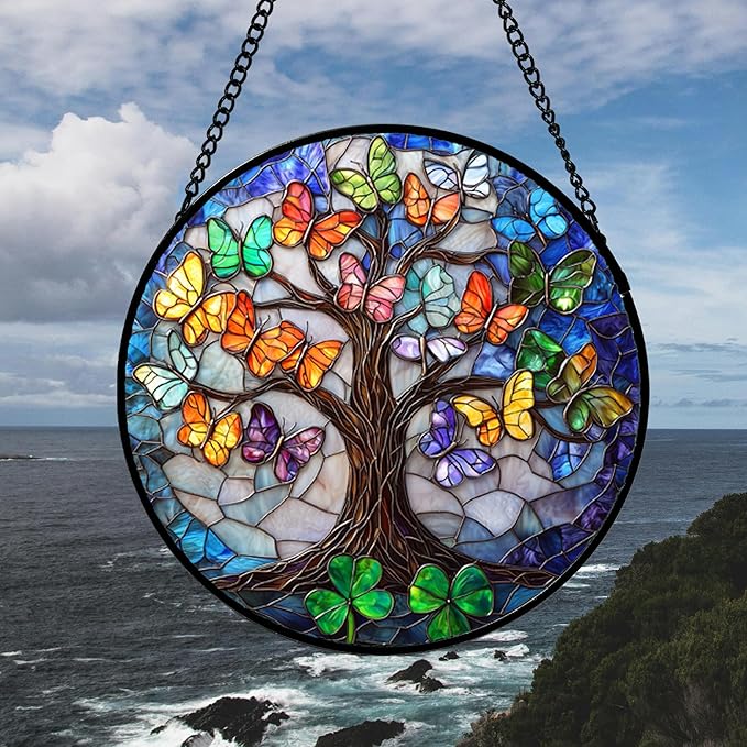 Stained Glass Window Hanging, Butterfly Tree Clover Sun Catchers Glass Panel Blue Suncatcher Decor for Birthday for Women, Men, Wife, Aunt, and Mom 14.9x14.9 in