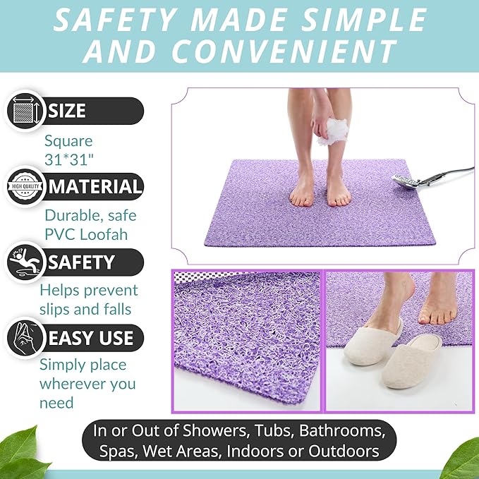 Square Shower Mat - Non Slip Shower Mats for Inside Shower - Extra Large 31x31 Shower Floor Mat Non Slip - Square Bath Mat for Shower - Secure Anti Slip Loofah Shower Bath Mat (31x31 Purple)