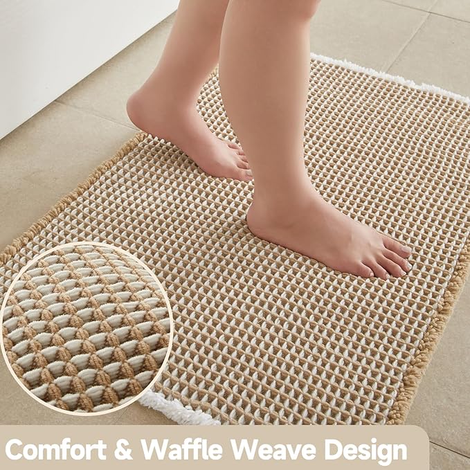 Waffle Runner Rug Bathroom, Long Boho Bathroom Rugs Non Slip Washable Super Absorbent Quick Dry Farmhouse Bath Decor, 72"x24" Khaki and White