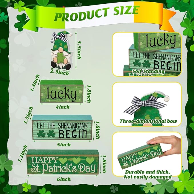 4 Pcs St. Patrick's Day Table Decoration Irish Tiered Tray Decor Wooden Gnome Shamrocks Block Signs Happy St. Patrick's Day Centerpiece for Tables Irish Wooden Sign for Home Decor