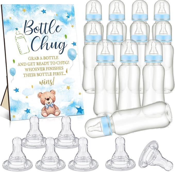 TrelaCo Cool Baby Shower Games Bottle Chug Sign Wooden Blue Bear Theme Gift Sets Gender Reveal Party Favors and 12 Pcs Baby Bottle Shower Favor for Gender Reveal