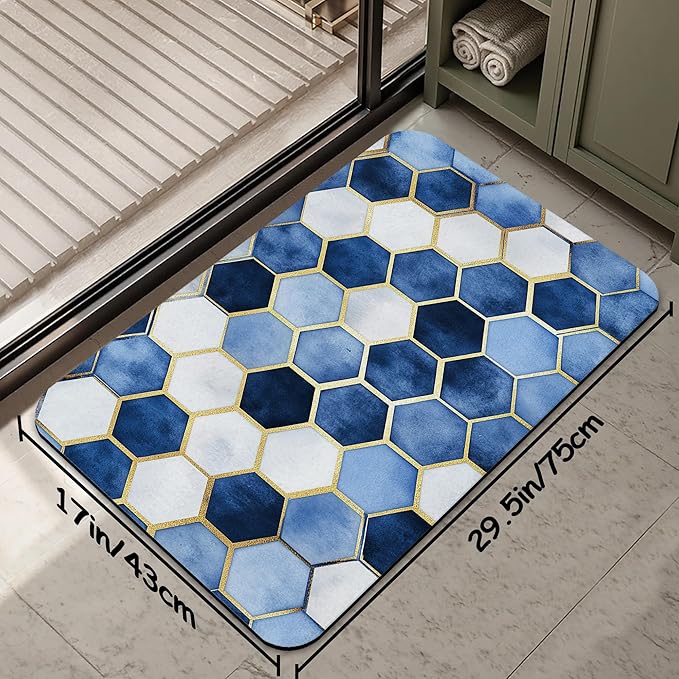 Blue Marble Bathroom Mat, Non-Slip Rubber Backing Thin Low-Profile Bath Rug, Easy-Clean Bathroom Floor Mat for Shower, Bathtub, Kitchen, or Entryway