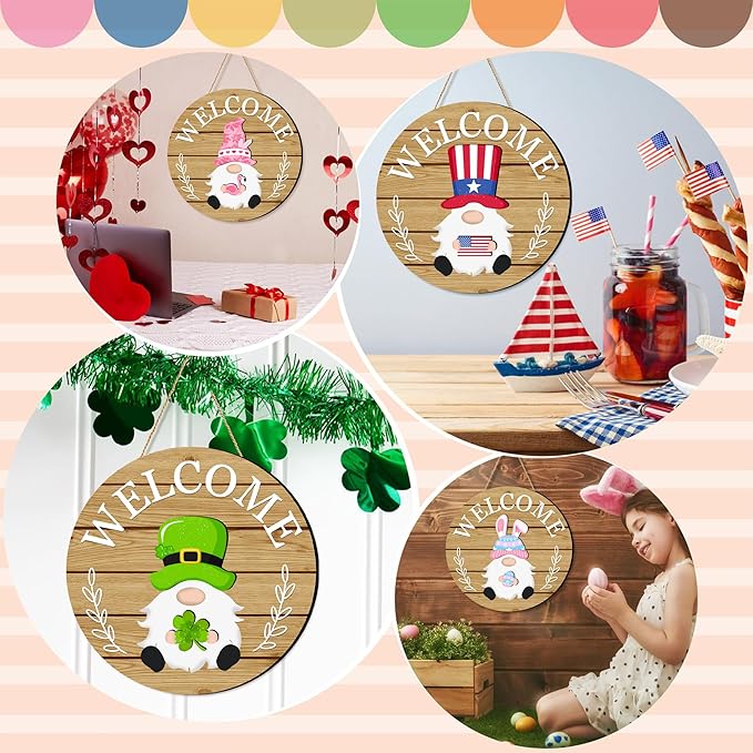 Veluckin Seasonal Gnome Wall Decor Set, 11.8 inch Autumn Wooden Round Sign with Interchangeable Holiday Hats, Thanksgiving Welcome Door Hanging (Light brown-3)
