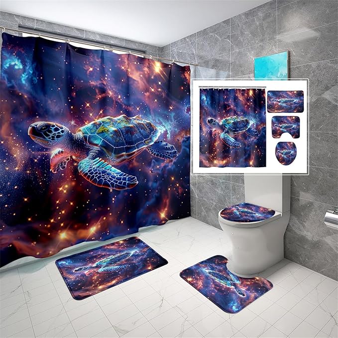 Sea Turtle Shower Curtain - 4 Pcs Kids Shower Curtain Set Turtle Bathroom Accessories with Rug,Toilet Cover and Bath Mat with 12 Hooks