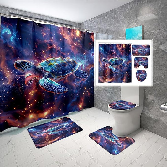 Sea Turtle Shower Curtain - 4 Pcs Kids Shower Curtain Set Turtle Bathroom Accessories with Rug,Toilet Cover and Bath Mat with 12 Hooks