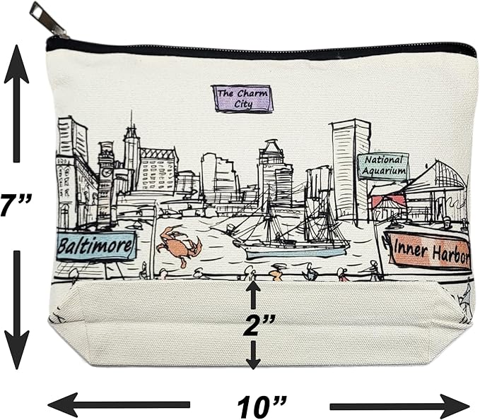 Cities Around the World Artwork Cosmetic Bag Series – Designed in USA, Travel Makeup Bag with Zipper, Souvenir Gift for Women, Artwork Organizer for Purse or Toiletry (Baltimore)