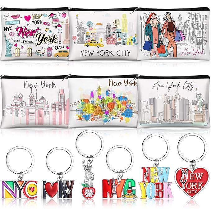 Landical 6 Sets New York Souvenir Gifts Include 6 Pcs New York Cosmetic Bag and 6 Pcs Metal Keychain for Women Traveler Christmas Party Gifts