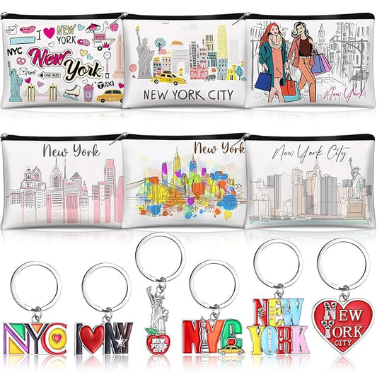 Landical 6 Sets New York Souvenir Gifts Include 6 Pcs New York Cosmetic Bag and 6 Pcs Metal Keychain for Women Traveler Christmas Party Gifts