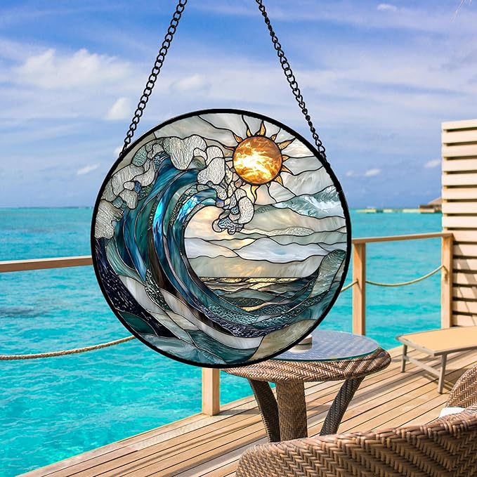 Stained Glass Window Hanging, Blue and White Waves Suncatcher Diamond Glass Panel Landscape Sun Catchers Decor for Birthday for Women, Men, Wife, Aunt, and Mom 6.3 x6.3 in