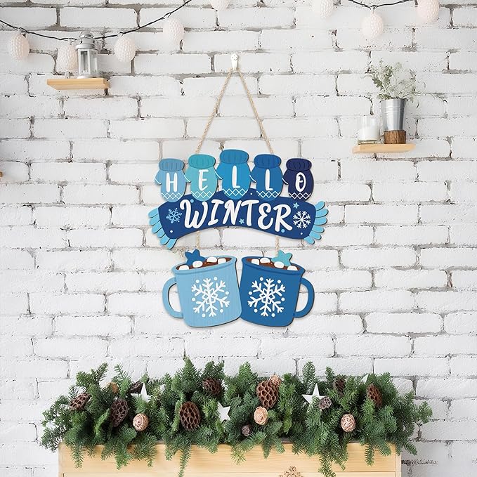 CHDITB Hello Winter Wooden Sign, Hot Cocoa Wooden Hanging Plaque, Christmas Front Door Hanger, Seasonal Snowflake Wall Art Sign Hanger for Xmas Holiday Decoration