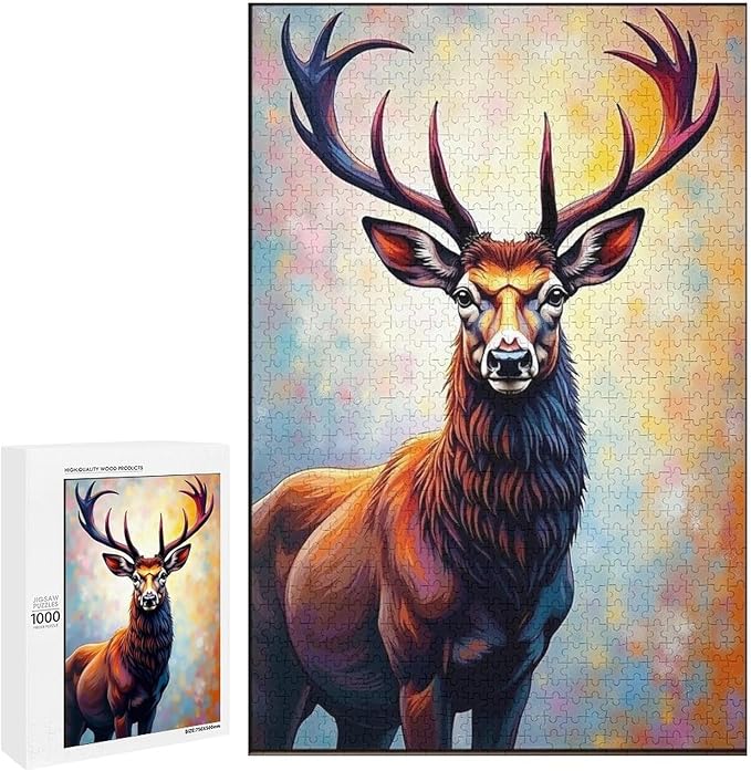 Wooden Puzzles 1000 Piece，Color Abstract Deer Painting Themed Jigsaw Puzzles，Family Puzzles，Unique Gifts for Wall Art，Funny Puzzles，Stress Relief Games，Puzzle Games