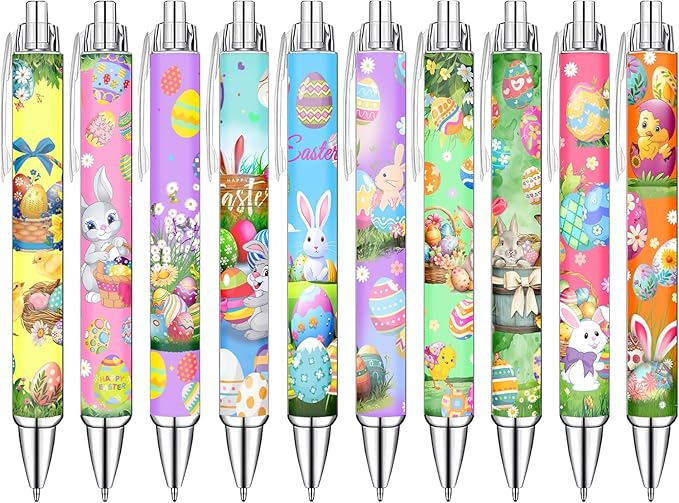 Spring Easter Ballpoint Pens Set of 10 – Bunny and Easter Egg Design with Cheerful Spring Words – Smooth Black Ink Writing Pens for Seasonal Gifts, Party Favors, Office, and Everyday Writing