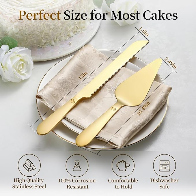 Cake Cutting Set for Wedding - Extended Cake Knife and Server Set Thickened Stainless Steel 13.0" Cake Cutter 10.49" Pie Spatula Great for Birthday Anniversary Christmas Gift 2 Pcs Gold