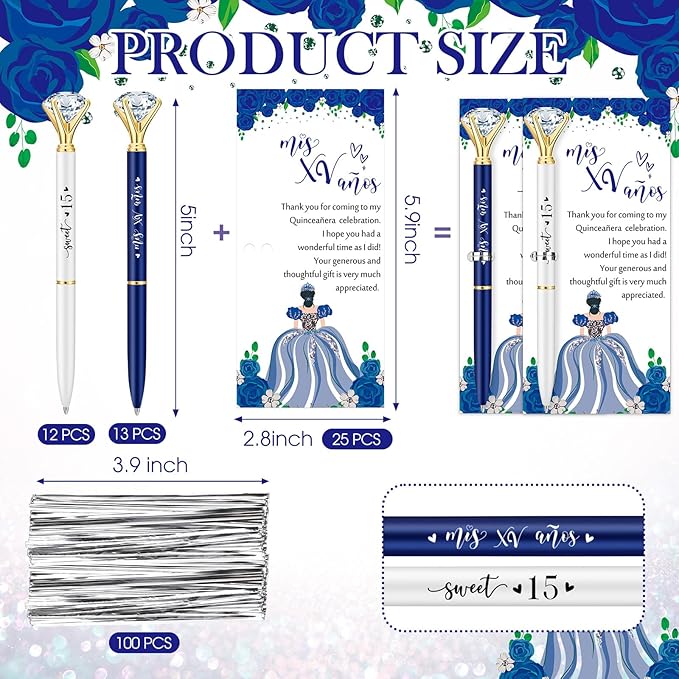 25 Set Quinceanera Party Favors for Guest Sweet 15 Diamond Pens Bulk Mis XV Años Fancy Ballpoint Pen with Thank You Cards and Ties 15th Birthday Thank You Gifts(White, Dark Blue)