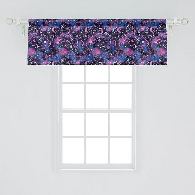 Ambesonne Celestial Window Valance Pack of 2, Fantasy Dream Oriental Astronomy Art Crescent and Starry Atmosphere, Rod Pocket Curtain Valances for Kitchen Bedroom, 54" X 18", Dark Night Blue Fuchsia