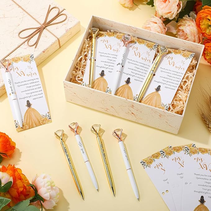 25 Set Quinceanera Party Favors for Guest Sweet 15 Diamond Pens Bulk Mis XV Años Fancy Ballpoint Pen with Thank You Cards and Ties 15th Birthday Thank You Gifts(White, Gold)