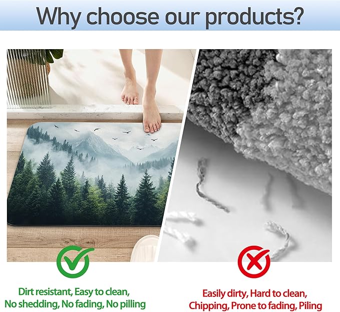 Misty Forest Bathroom Rug 29.5"x17",Green Tree Landscape Quick-Drying Super Absorbent Diatomite Bath Mat with Non-Slip Backing, Thin Washable Bathroom Floor Mat Fits Under Door for Shower, Sink