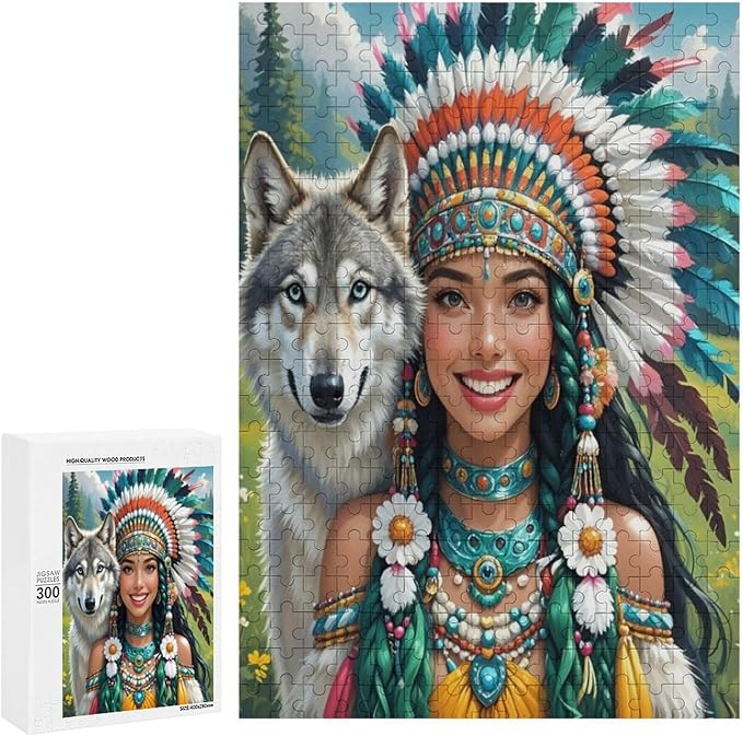 Wooden Puzzle - Indian Beauty & Wolf，Native American Jigsaw Puzzles，Wooden Puzzles for Adults 300 Pieces Unique Gifts for Wall Art，Challenge Puzzles，Educational Games，Family Puzzles