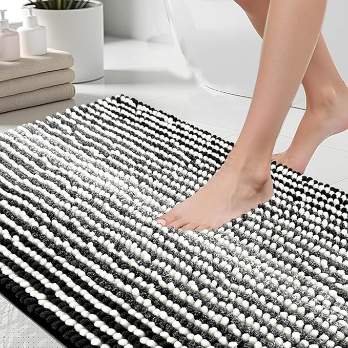 HDFK Bath Mat & Bathroom Rug - Soft Chenille, Ultra Absorbent Non-Slip Shower Carpet with Odorless Hot Melt Base, Machine Washable Striped Design for Bathtub Floors (36x24 Inch, Black & White)