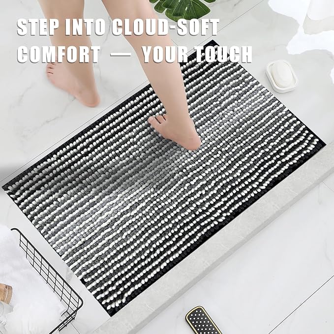 HDFK Bath Mat & Bathroom Rug - Soft Chenille Shower Carpet, Super Absorbent Non-Slip with Odorless Hot Melt Base, Slim Striped Design for Bathtub Floors Machin Washable (24x16 Inch, Black & White)