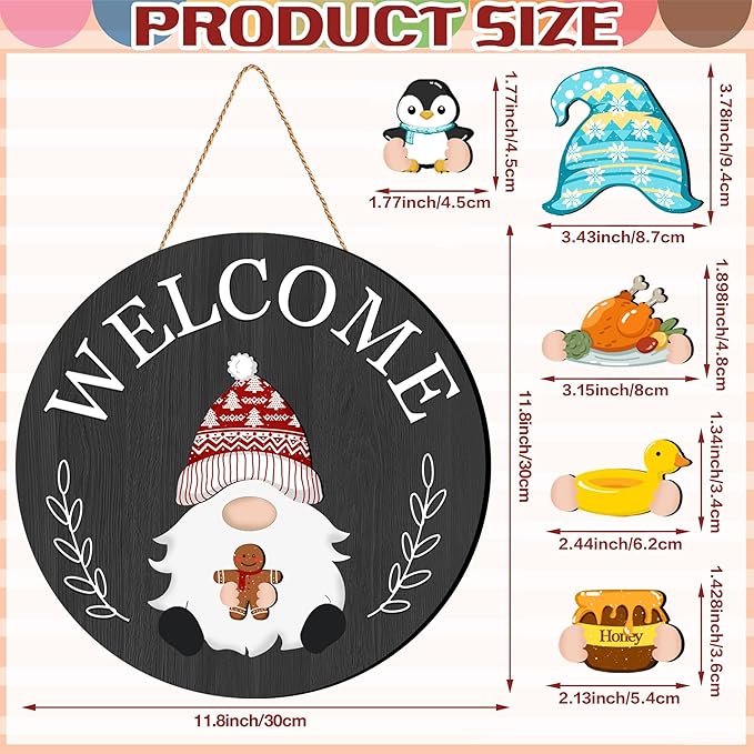 Veluckin Seasonal Gnome Wall Decor Set, 11.8 inch Thanksgiving Wooden Round Sign with Interchangeable Holiday Hats, Autumn Welcome Door Hanging (Black grey-3)