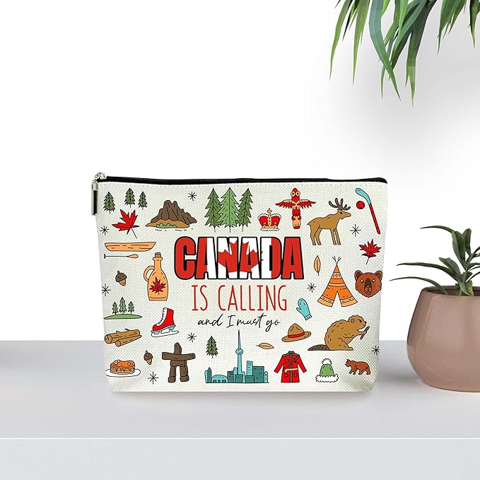 Canada is Calling Makeup Bag with Zipper - Vibrant Canadian Themed Cosmetic Case Souvenirs, Colorful Travel Vacation Essentials. (098)