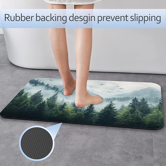Misty Forest Bathroom Rug 29.5"x17",Green Tree Landscape Quick-Drying Super Absorbent Diatomite Bath Mat with Non-Slip Backing, Thin Washable Bathroom Floor Mat Fits Under Door for Shower, Sink