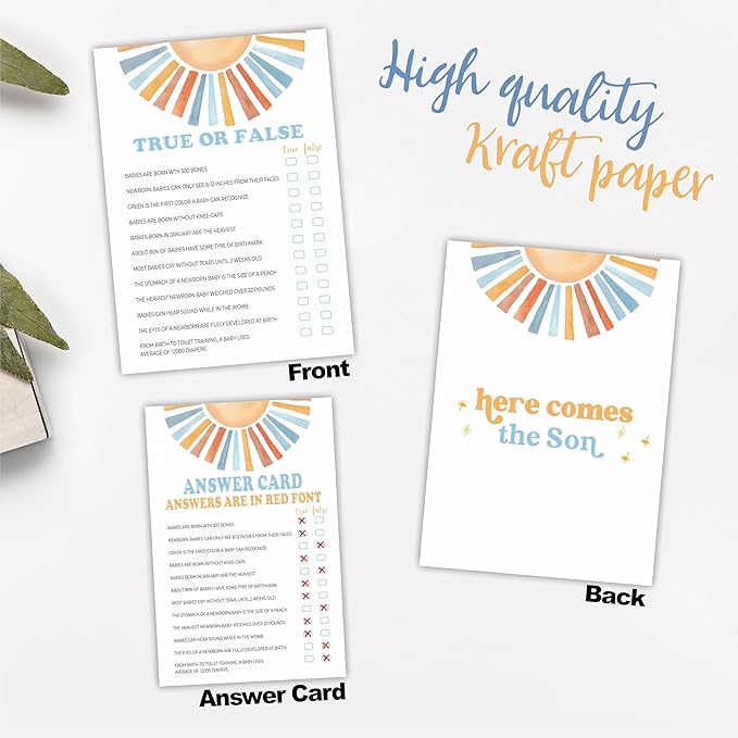 Watercolor Sunshine True Or False Baby Shower Game Kit - Retro Here Comes The Sun - 30 Fill In Game Cards & 1 Answer Card For Baby Shower, Gender Reveal Party Favor, Activity & Supplies - D05