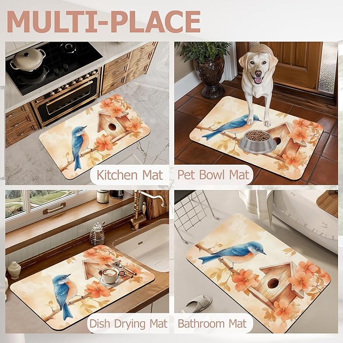 Bath Mat,Blue Bird Bathroom Rugs,Quick-Drying Non-Slip Rubber Bath Mats Fall Leaves Absorbent Diatomaceous Earth Mat for Bathroom Home Decor 17"x29.5"